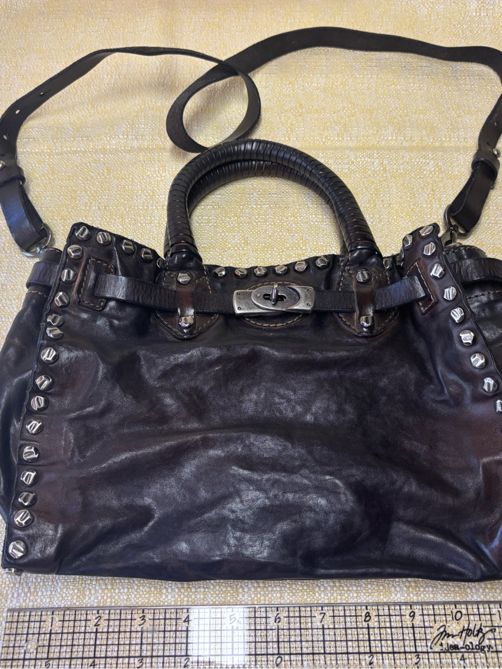 Giorgio Brato Dark Brown Leather Stud-Accent Shoulder Bag with Turn-Lock - Picture 10 of 10